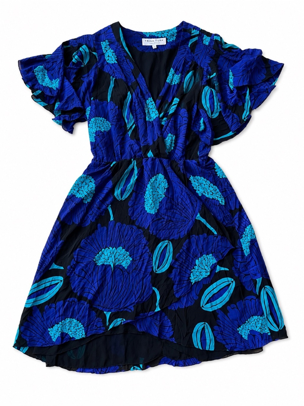 Trina Turk Silk Floral Wrap Dress Size 4 Blue Black Made in USA